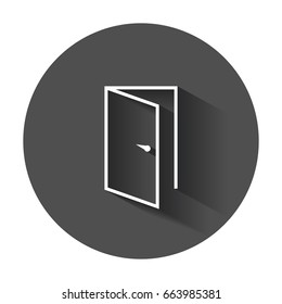 Door vector icon in line style. Exit icon. Open door illustration with long shadow.