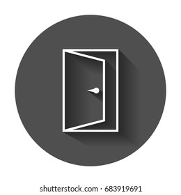 Door vector icon in line style. Exit icon. Open door illustration with long shadow.