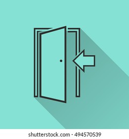 Door vector icon with long shadow. black Illustration isolated on green background for graphic and web design.