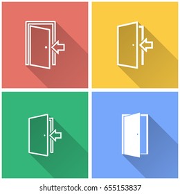 Door vector icon with long shadow. White illustration isolated on color background for graphic and web design.
