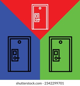 Door Vector icon, Outline style, isolated on Red, Blue and Green Background.