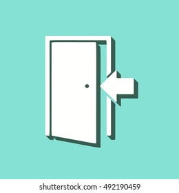 Door vector icon with shadow. White illustration isolated on green background for graphic and web design.