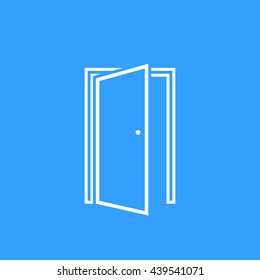 Door vector icon. White Illustration isolated on blue background for graphic and web design.