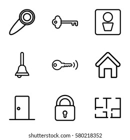 door vector icons. Set of 9 door outline icons such as man WC, house building, lock, plan, bell