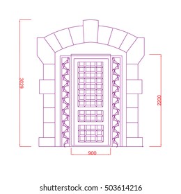 Door  vector iron and glass work purple paint with dimension on the white background