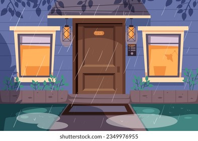 Door wall entrance house rainy street facade concept. Vector flat graphic design illustration
