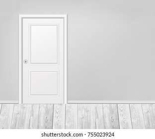 Door and wall. Realistic vector illustration of the interior, closed white door and grey wall.