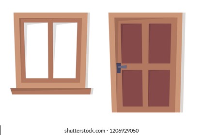 Door and window. Cartoon vector illustration. Vintage poster. Welcome to real world. Retro style. View from the window