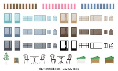 Conjunto de material de ilustración de puerta y ventana