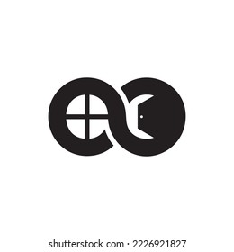 Diseño de logotipos de puertas y ventanas con infinito, interiores de propiedades domésticas, creativos, modernos, vectoriales