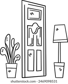 A door with a window and a picture on the wall. The door is white and has a window above it. There are two potted plants on either side of the door