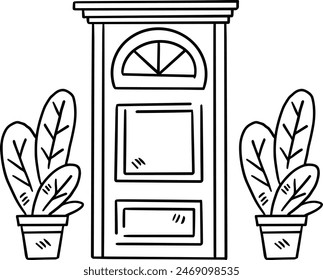 A door with a window and a picture on the wall. The door is white and has a window above it. There are two potted plants on either side of the door