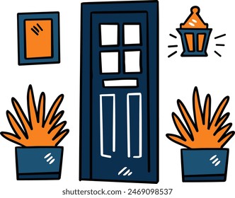 Una puerta con una ventana y un cuadro en la pared. La puerta es blanca y tiene una ventana encima. Hay dos macetas a cada lado de la puerta