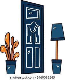 Una puerta con una ventana y un cuadro en la pared. La puerta es blanca y tiene una ventana encima. Hay dos macetas a cada lado de la puerta