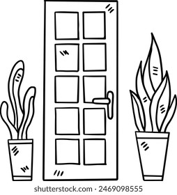 Una puerta con una ventana y un cuadro en la pared. La puerta es blanca y tiene una ventana encima. Hay dos macetas a cada lado de la puerta