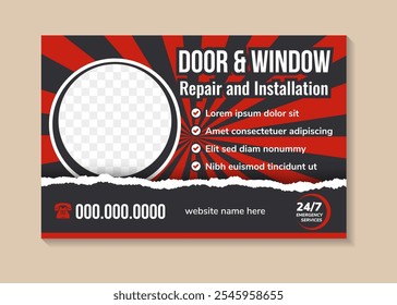 door and window repair and installation web banner or landing page. Automobile window instalation in workshop. vintage design with torn paper element. combination red and black colors with photo space