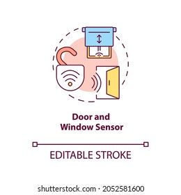 Icono de concepto del sensor de la puerta y de la ventana. Ilustración de línea delgada de idea abstracta del sistema de seguridad de sensores. Monitores de dispositivo si la puerta está abierta, cerrada. Dibujo de color de contorno aislado del vector. Trazo editable