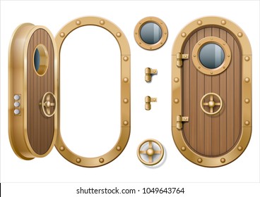 The door and window of the ship polishing metal. Perhaps the door compartment of the submarine or laboratory, bank. Armor. Vector graphics