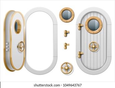 A porta e janela do navio polimento de metal. Talvez o compartimento da porta do submarino ou laboratório, banco. Armadura. Gráficos vetoriais