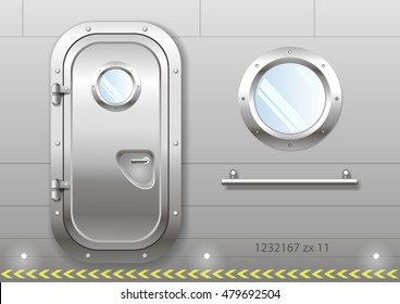 The door and window of the ship polishing metal. Perhaps the door compartment of the submarine or laboratory bank. Armor. Vector graphics