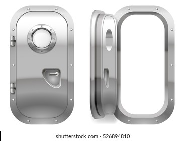 La puerta y la ventana del barco pulido metal. Tal vez el compartimento de la puerta del submarino o laboratorio, banco. Armor. Gráficos vectoriales