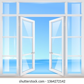 Door with window to the terrace overlooking the sea and a beautiful landscape. Transparent glass. Vector graphics
