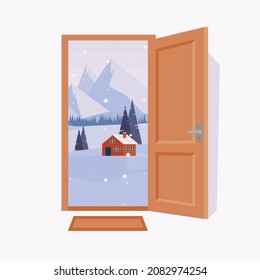 Door to a winter landscape. Flat cartoon style vector illustration. EPS 10