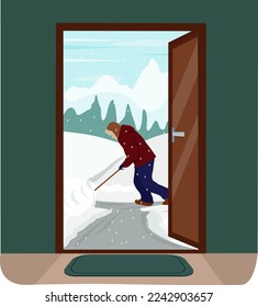 A door to a winter landscape and a man clears winter snowdrifts. People shovel snow, heavy snowfall. Vector illustration.