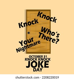 A door and a words with bold text on a light brown background to celebrate Knock Knock Joke Day on October 31