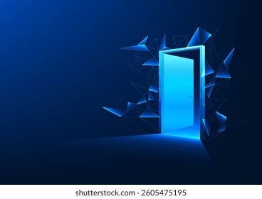 Door to the world of technology. The door opens forward and is surrounded by lines connecting data. Innovation AI, blockchain, quantum computing. Doing business, increasing efficiency, reducing costs