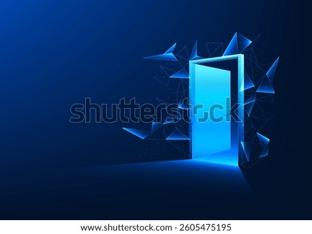 Door to the world of technology. The door opens forward and is surrounded by lines connecting data. Innovation AI, blockchain, quantum computing. Doing business, increasing efficiency, reducing costs