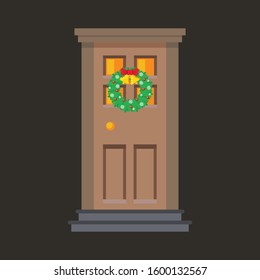 Door with Wreath. Christmas decorated porch flat illustration