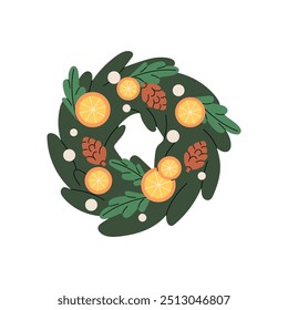 Door wreath of fir branches with orange, pine cones. Christmas decor with round shape of spruce twigs, pinecones. Winter holiday decoration. Flat isolated vector illustration on white background