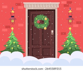 Door with a wreath on it and two Christmas trees in front of it. Vector illustration in a flat style