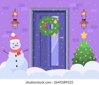 Door with a wreath on it and two Christmas trees in front of it. Vector illustration in a flat style