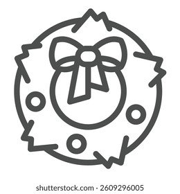 Door wreath with ribbon bow line icon, merry christmas concept. Vector graphics. Laurel wreath, leaves branch sign on white background, outline style icon for mobile or web design