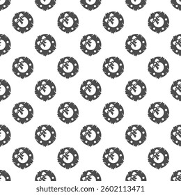 Door wreath with ribbon bow solid seamless pattern, merry christmas theme. Vector graphics. Laurel wreath, leaves branch sign with background, repeat glyph icon