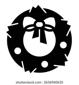Door wreath with ribbon bow solid icon, merry christmas concept. Vector graphics. Laurel wreath, leaves branch sign on white background, style mobile or design