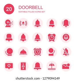 doorbell icon set. Collection of 20 filled doorbell icons included Ring bell, Notification, Bell, Alarm, Alarm bell