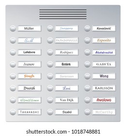 Doorbells with common foreign names of multicultural residents from many nations. Symbol for cohabitation, coexistence, diversity, integration, community and friendship with different  cultures.