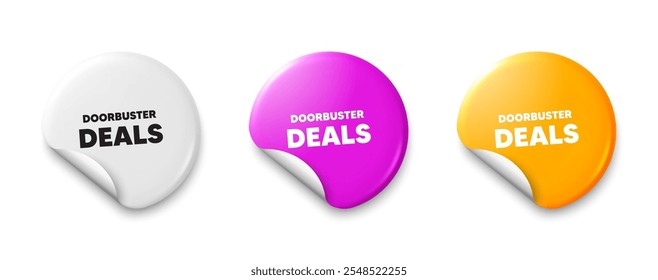 Etiqueta de tratos de Doorbuster. Etiqueta engomada de la etiqueta del Precio con el mensaje de la oferta. Muestra de Precio de oferta especial. Símbolo de descuentos publicitarios. Etiqueta engomada de los Anuncios. Insignia de etiqueta de descuento. Vector