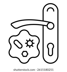 Doorknob with bacteria thin line icon, coronavirus concept. Vector graphics. Door handle with virus sign on white background, linear style for mobile or design