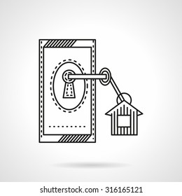 Doorlock with key with label. Flat line vector icon. Symbol for rental of property. Elements of web design for business and website.