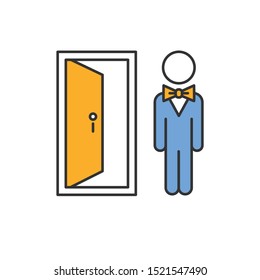 Doorman Color Icon. Hotel Entrance Concierge Service. Motel Door Person, Butler, Bellboy. Bellhop, Receptionist Opening Door, Inviting Visitants. Lobby Manager, Servant. Isolated Vector Illustration