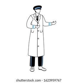 Doorman flat vector illustration. Hotel staff, hospitality service. Concierge welcoming guests. Hall porter in cap and coat. Doorkeeper in uniform cartoon character with outline on white