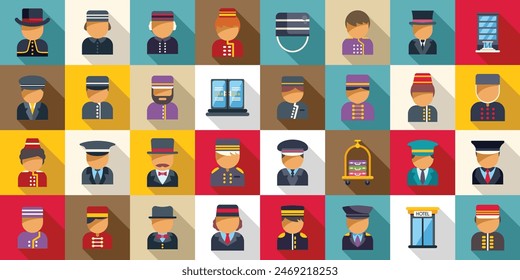 Doorman icons set vector. A collection of men in various uniforms, including hotel staff, police officers, and other service workers