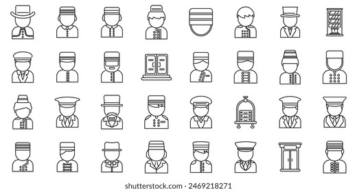 Doorman icons set vector. A collection of black and white icons of people in various professions. The icons include a man in a hat