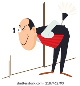 Doorman peeks through keyhole. Funny people. Illustration concept template for website, web landing page, banner, presentation, social, poster, promotion or print media.