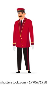 Doorman or receptionist person isolated on white background. Porter or concierge in special red uniform. Vector character illustration of employee hotel staff, tourism business, job occupation