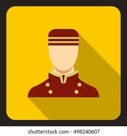 Doorman in red uniform icon. Flat illustration of doorman vector icon for web
